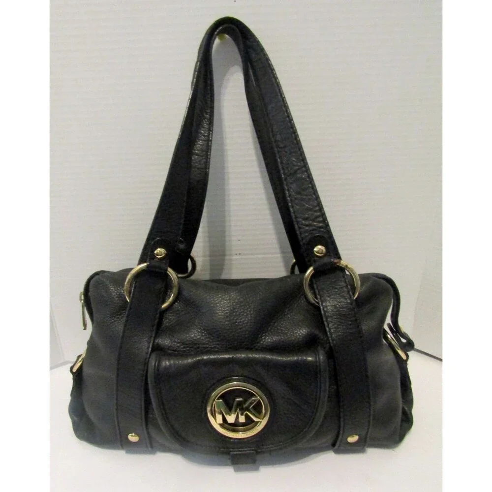 Michael Kors Satchel Bag Fulton Black Pebbled Leather Shoulder Bag Purse